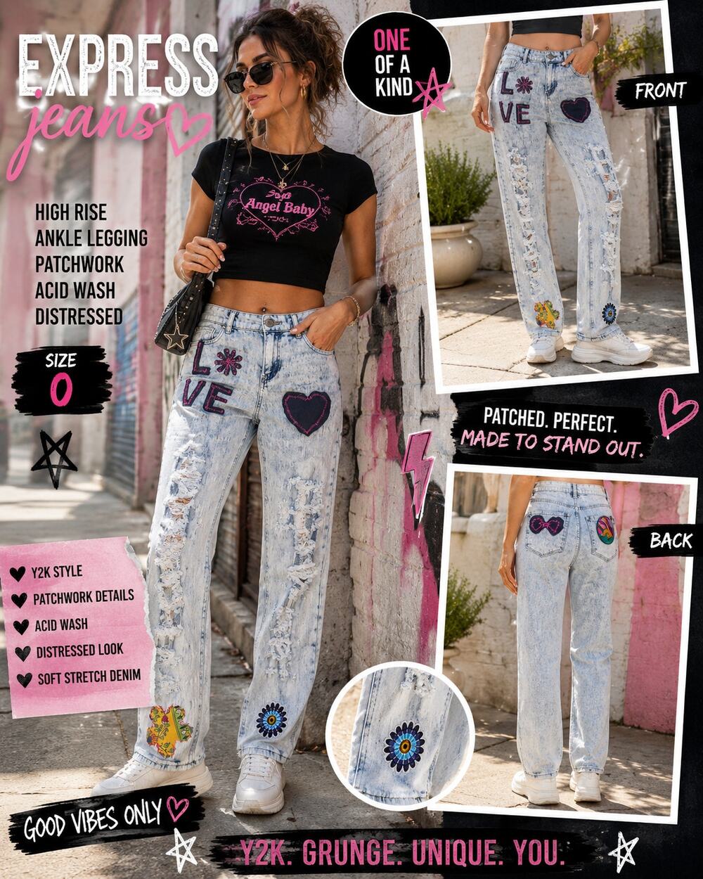 Express High Rise Patchwork Acid Wash Distressed Skinny Jeans Size 0 Y2K